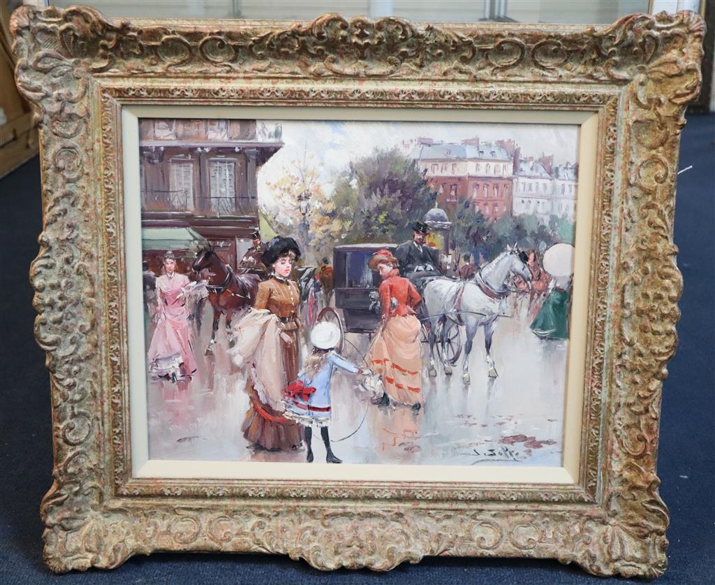 § Juan Soler (1951-) Paris street scene with mother and child with a hoop 12.5 x 15.5in.